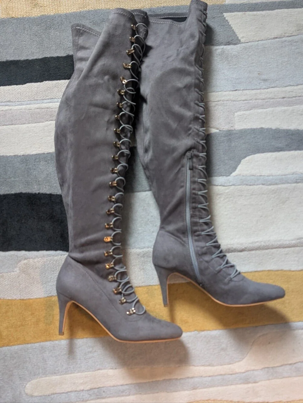 Gray Lace-Up Over-the-Knee Heeled Boots